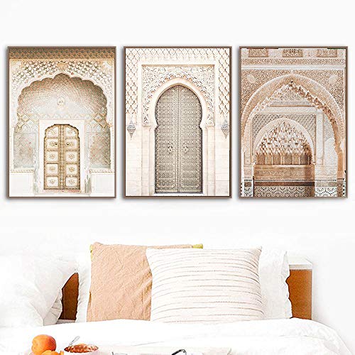 Bohemia Lienzo Pared Arte Galería Decoración Marroquí Puerta Poster Impresiones Moderno Salon Habitación Cuadro Pared Arte Decoración Árabe Islámico Pintura 40×60cm×3 Sin marco