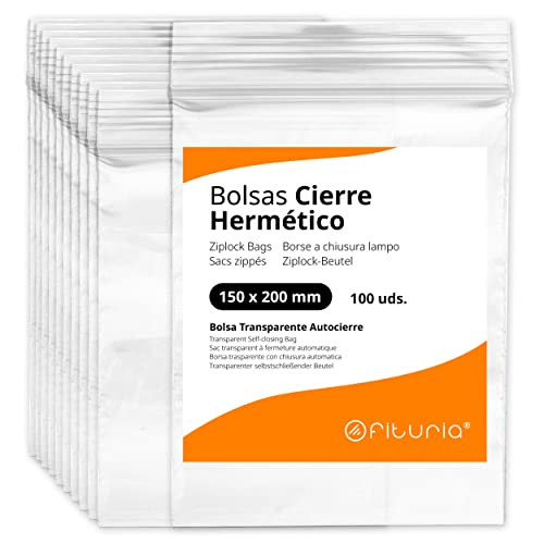 Bolsas con Cierre Hermético de Plástico Transparentes Ideales para Congelar Alimentos, Guarda Documentos, Bolsas Reutilizables y de Conservación - Ofituria (100 Bolsas, 150 x 200 mm)