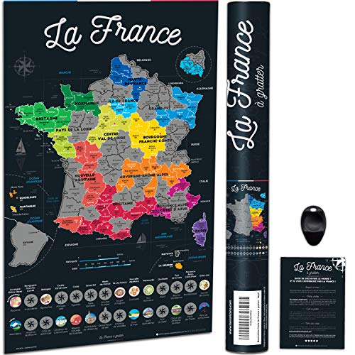 Bonanzana – Tarjeta de Francia con rascado – 70 x 42 cm – Póster para rascar las regiones y departamentos franceses visitados con platos y lugares – Tarjeta de regalo de pared de viaje – Scratch Off