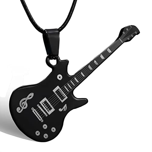 BOUDDA Moda Fresca Punk Negro Acero Inoxidable Guitarra Colgante Collares Hombres Mujeres Cadena de Cuero Hiphop Rock Collar joyería-Black Guitar