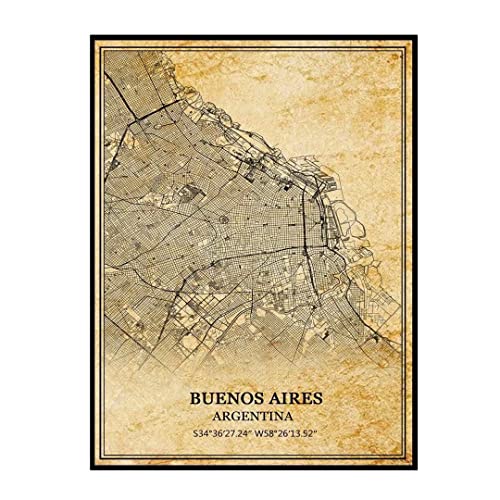 Buenos Aires Argentina Arte de la pared Vintage Print Poster Canvas Map Artwork Travel Souvenir Gift Home Decor Unframed 12x16 inches