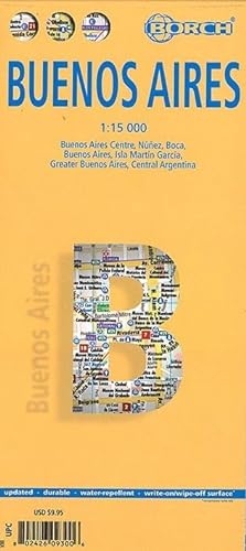 Buenos Aires, plano callejero plastificado. Escala 1:15.000. Borch.: Buenos Aires Centre, Núnez, Boca, Isla Martín Garcia, Greater Buenos Aires, Central Argentina (Borch Map)