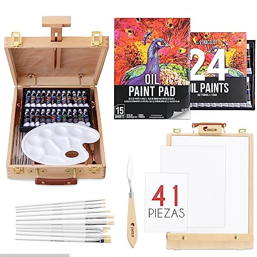 Caballete y Oleos para Pintar - Maletin 41 Piezas : 24 Tubos de Pintura al Oleo, 3 lienzos para pintar, 1 Bloc, 10 Pinceles, 1 Espatula, 1 Paleta, 1 Caballete - Pintura Mesa Plegable