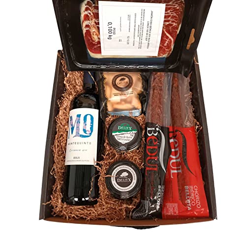 Caja Gourmet para Regalar Picoteo 14 - Lote de Productos ibéricos con Vino Montequinto crianza. Cesta con sobre de jamón, 1 salchichón y 1 Chorizo, Crema de Queso, paté y Picos.