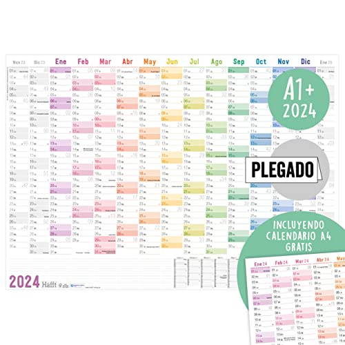 Calendario de pared XXL 2024 A1+ en español (89 x 63 cm) [Arco Iris] Nov 2023 - Ene 2025|Planificador anual A4 gratis|Con los días festivos españoles |sostenible y climáticamente neutro