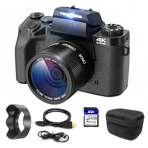 Cámara Digital 4K, CCN 64MP Cámara de Fotos con Pantalla táctil de 3.0 ", 16X Zoom Digital Cámara compacta con función WiFi, con Bolsa de cámara, Capucha, 64GB TF Card, Negro