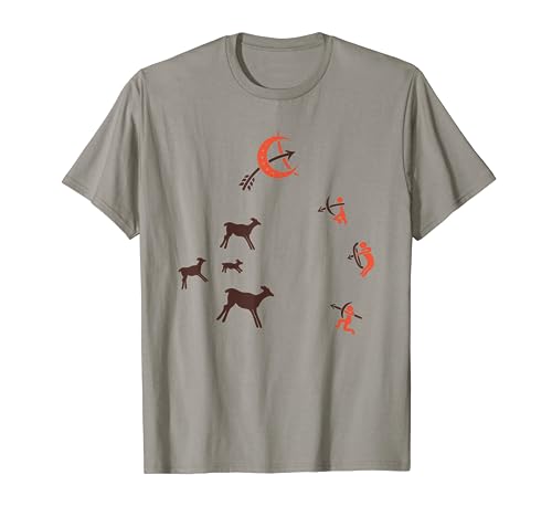 Camisa de pintura rupestre. En la caza. Pintura arqueológica. Camiseta