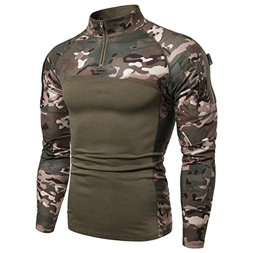 Camisa táctica de manga larga con cremallera de 1/4 para hombre, camisa de combate de estilo militar con bolsillos, Airsoft Top Ropa al aire libre para caza, camping, senderismo, Camo Verde, L