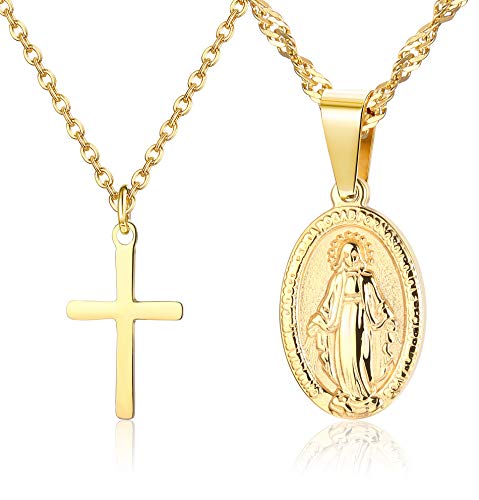 CASSIECA 2 Piezas 14K Chapado en Oro Acero Inoxidable Collar para Hommer Mujer Cruz Colgante Collar Virgen Maria San Cristóbal Collar Joyería Católica Cristiana