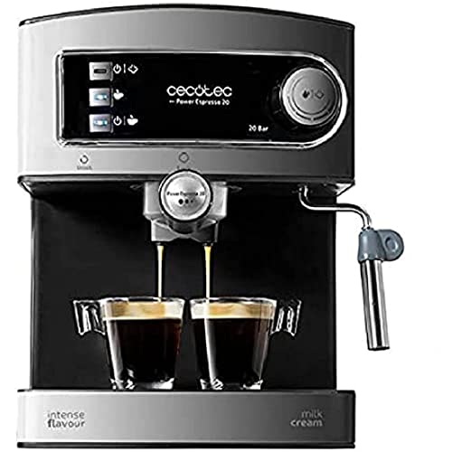 Cecotec Cafetera Express Manual Power Espresso 20. 850 W, Presión 20 Bares, Depósito de 1,6L, Brazo Doble Salida, Vaporizador, Superficie Calientatazas, Acabados en Acero Inoxidable