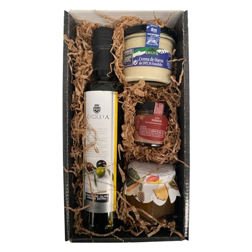 Cesta de productos gourmet con aceite de oliva virgen extra 250 ml en vidrio, crema de queso de oveja natural 110 g, paté ibérico DELIEX en formato de 30 g y mermelada