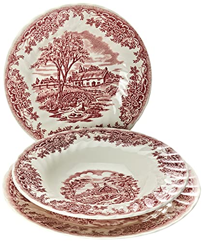 Churchill Earthware Decoro Drookpink - Servicio Platos, Porcelana, Color Blanco/Rojo, 18 Unidades