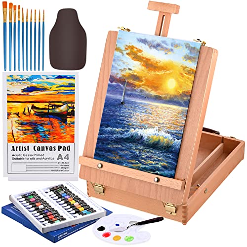 Cieex Kit de Pintura de 49 Piezas Caballete de Madera con 24 Colores Tubos de Pintura Acrilica, Pinceles, Espátula, Delantales, Paleta y Lienzo para Pintar para Profis y A ficionados