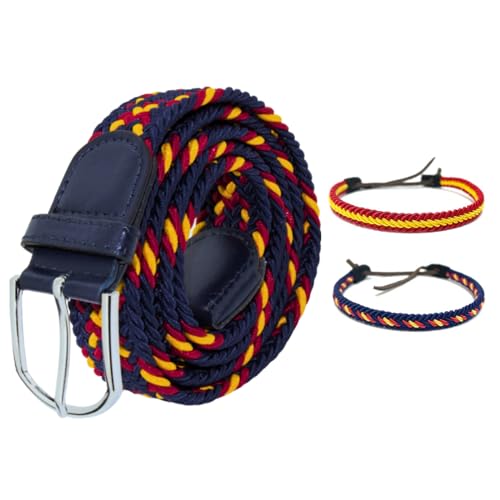 Cinturón Trenzado Elástico Con La Bandera de España Talla Única y Unisex + Set de 2 Pulseras Con La Bandera de España para Hombre o Mujer. Cinturón de Vestir o Casual, Longitud de 110cm a 140cm