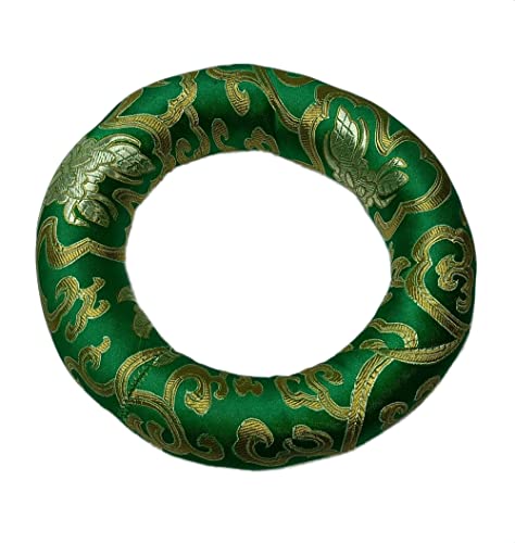 Cojín para cuenco tibetano con forma de anillo, material tipo raso brocado, tamaño exterior 24 cm, interior 16 cm (verde)