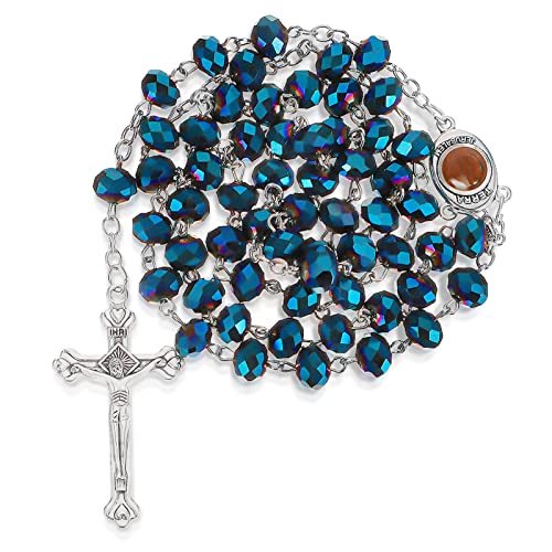 Collar Católico con Perlas de Cristal Azul Collar de Rosario Religioso de Cruz Plateada Collar de Cuentas Azules para Hombres Mujeres