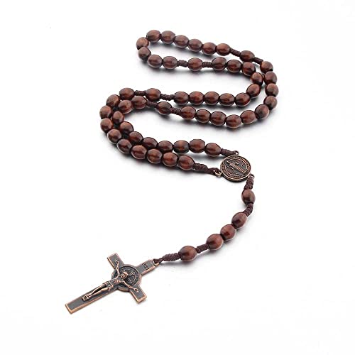 Collar de Rosario con Cruz Católica, Cuentas de Oración de Madera Natural con Medalla Cruz Jesucristo San Benito, para Cristianos Católicos Comunión Religiosa, Bautismo, Misa, Biblia