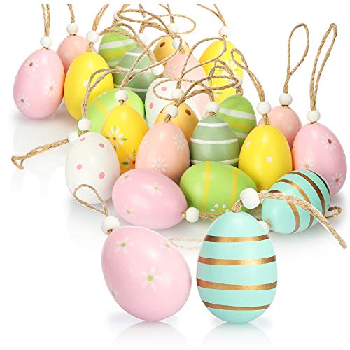 com-four® 24x Huevos de Pascua Colgantes - Decoraciones de Pascua de Madera en Colores geniales - Huevos de Pascua Decorativos con Hermosos diseños