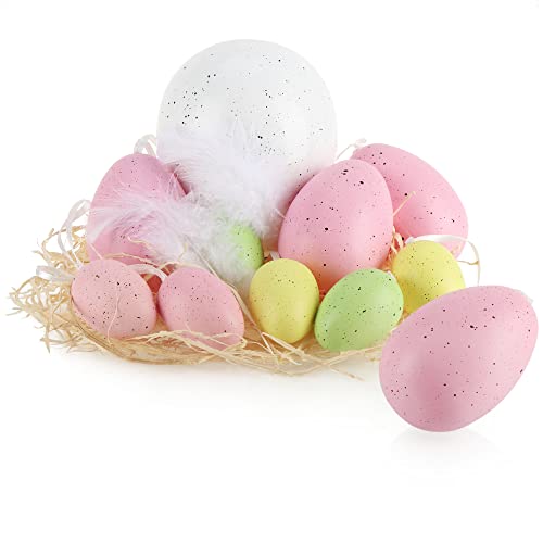 COM-FOUR® Juego de Huevos de Pascua de 11 Piezas - Decoración Colgante para Pascua - Huevos de Pascua en 3 tamaños para Colgar - Ramo de Pascua (Set04 - Amarillo/Rosa/Blanco/Verde)
