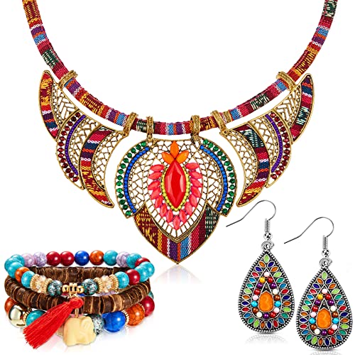 Conjunto de Joyas Bohemias Gargantilla de Collar Tribal de Estilo Étnico Pulsera Multicapa con Cuentas Elásticas Pendientes Colgantes Vintage para Mujer Chica Regalo Disfraz