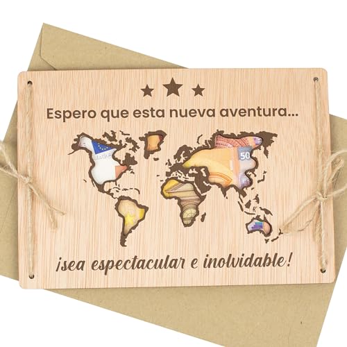 CONTRAXT Tarjeta para Regalar Dinero original. Ideas regalos creativos Sorpresa Fondo viajes vacaciones aventura Tarjeta de madera y sobre Forma original regalar dinero (Viajes)