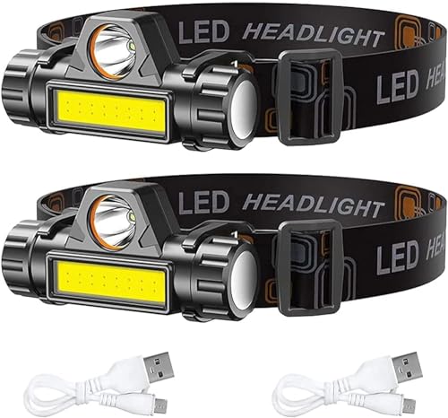 CREADY® Pack 2 Linterna Frontal LED Recargable, Luz Frontal Cabeza de Alta Potencia Portátil con Ángulo Ajustable e Impermeable, Foco Luz LED Recargable Ideal para Correr, Excursión o Ciclismo.…