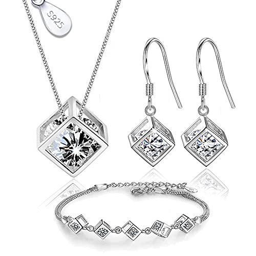 Crystalina Juego de Joyas de Plata 925 para Mujer, Conjunto de Collar Pendientes y Pulsera con Circonitas, Conjunto joyas de plata para Mujer, Regalos Originales para Mujer (Cubo)