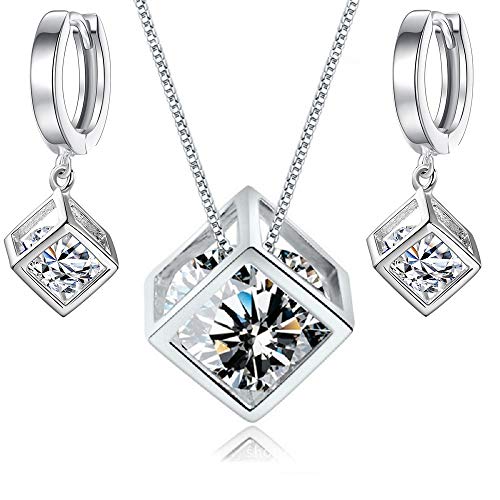 Crystalline Azuria Mujer 18ct Chapado en Oro Blanco Blanco Cristales de Zirconia Cubo Juego de joyas Collar con Colgante 45 cm Pendientes para Mujer y Niña