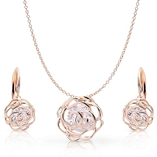 Crystalline Azuria Mujer 18ct Chapado en Oro Rosa Flores Rosas Cristales Juego de joyas Collar con Colgante 45 cm Pendientes para Mujer Niña Boda Novia y Dama de honor