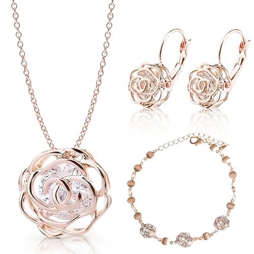 Crystalline Azuria Mujer 18ct Chapado en Oro Rosa Flores Rosas Cristales Juego de joyas Collar con Colgante 45 cm Pendientes Pulsera para Mujer Niña Boda Novia y Dama de honor