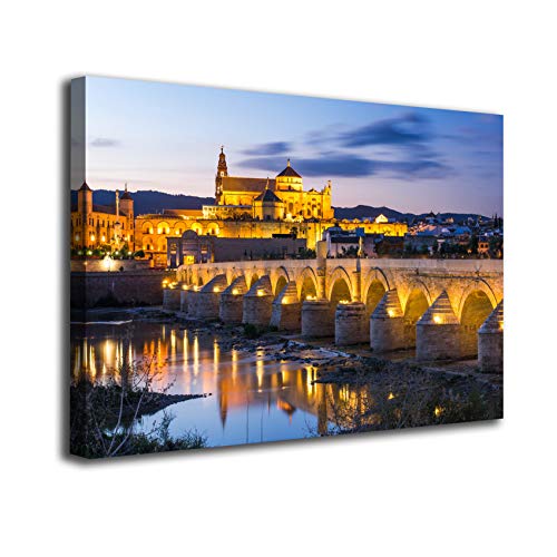 Cuadro lienzo canvas Cordoba Puente Mezquita y Catedral luces al atardecer Andalucia – Varias medidas - Lienzo de tela bastidor de madera de 3 cm - Impresion en alta resolucion (50, 33)