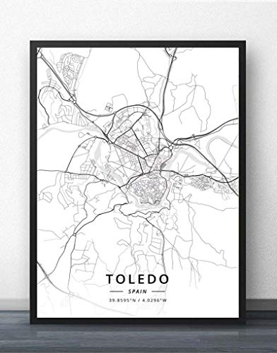 Cuadro Sobre Lienzo,Toledo España Mapa De La Ciudad Pared Imprime Murales Carteles Blanco Negro Pinturas Arte Rectángulo Imágenes Pop Arte Para La Habitación De La Vida Casa Decoración,20X30Cm/