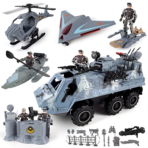 deAO 20PCS Tanque de Juguete Militar Kit, con Figuras de Acción, Vehículo Blindado, Kayak, Bombardero Furtivo, Helicóptero, Búnker, Jet Board, Otros Accesorios, Juego Militar Niño