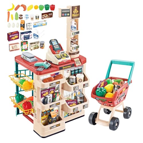 deAO - Caja de Juegos para niños, supermercado, con Carrito y más de 20 Accesorios de Juego incluidos (Rojo)