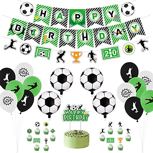 Decoración para el día del fútbol, incluyendo pancartas de Happy Birthday Bandera del fútbol, globos con temática de fútbol, decoración para tartas para fiestas de cumpleaños infantiles