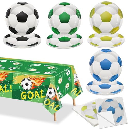 Decoraciones de la fiesta de fútbol - Suministros de la fiesta de fútbol, incluyendo platos de fútbol, servilletas, mantel para niños con tema de fútbol ventilador Deportes Evento, Servir 20