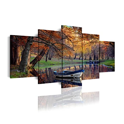 DekoArte 156 - Cuadros Modernos Impresión de Imagen Artística Digitalizada | Lienzo Decorativo Para Tu Salón o Dormitorio | Estilo Paisaje Otoño Agua Tonos Marrones Naturaleza | 5 Piezas 200x100cm XXL