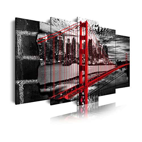 DekoArte 277 - Cuadros Modernos Impresión de Imagen Artística Digitalizada | Lienzo Decorativo Para Tu Salón o Dormitorio | Estilo Ciudades EEUU Golden Gate Blanco Negro Rojo | 5 Piezas 150 x 80 cm