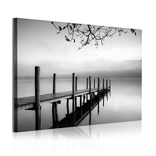 DekoArte 313 - Cuadros Modernos Impresión de Imagen Artística Digitalizada | Lienzo Decorativo Para Salón o Dormitorio | Estilo Zen Blanco y Negro con Paisaje de Agua Embarcadero | 1 Pieza 120x80cm