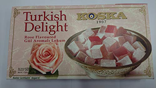 Delicias turcas 500g | Sin gluten | sabor a rosa de Koska | Confitería tradicional de lujo |Vegano | Halal | Kosher | Lokum (Loukoumi)
