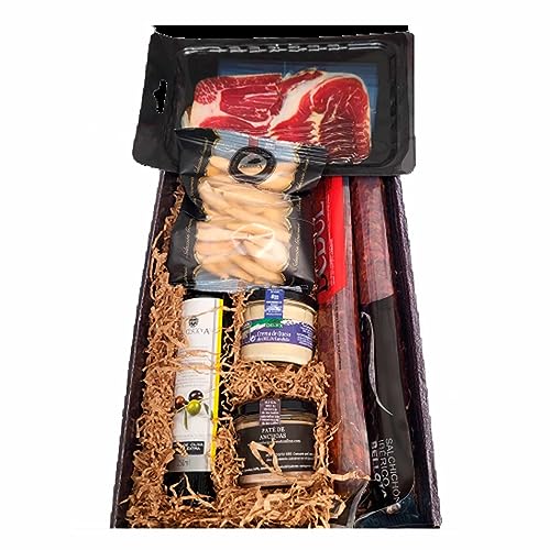 Deliex delicias de Extremadura. Cesta gourmet para regalar con aceite La Chinta, jamón, ibéricos y patés. Regalos para cumpleaños o Navidad. Lote delicatessen.