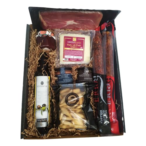 Deliex delicias de Extremadura. Cesta gourmet regalo con aceite La Chinata, jamón, lote de ibéricos, queso, patés, picos ...Regalos originales para hombres y mujeres. (Cesta con queso)