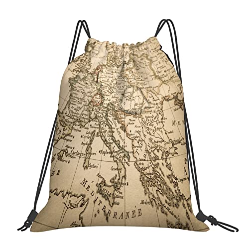 DELURA Bolsa Mochila de cuerdas hombre mujer niño,Italia Antiguo Mapa antiguo Europa Francia España Mediterráneo 18,bolso saco para gimnasio,mochila para estudiantes,saco petatecon cordon