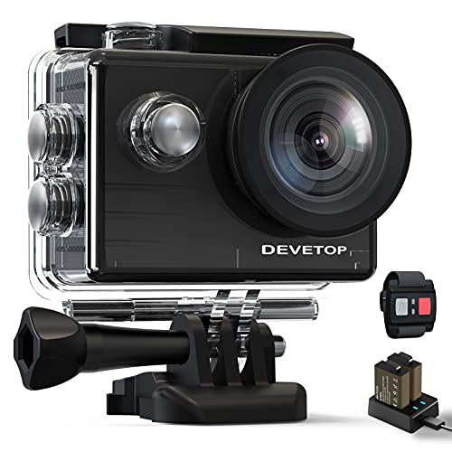 DEVETOP Cámara Deportiva 4K WiFi 20MP Cámaras subacuáticas 2.4G Remoto Camara Acción Sumergible Agua de 40M Micrófono Externo 2 Baterías de 1050mAh y Varios Kits para Bicicleta Casco