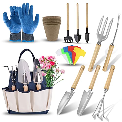 DEWINNER Juego de herramientas de jardinería – 23 piezas de herramientas de jardín resistentes incluye guantes bolsa de sujeción para hombres o mujeres
