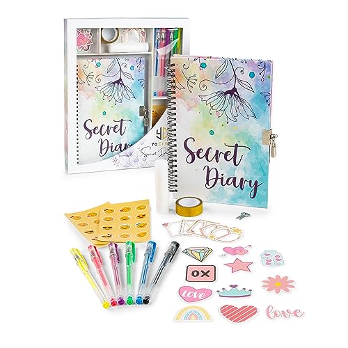 Diario Secreto Niña Kit, Personaliza y Decora tu Diario y Guárdalo con el Candado. Incluye 6 Bolígrafos de Colores, Pegatinas, Pegamento, Marcos para añadir Fotos y Más