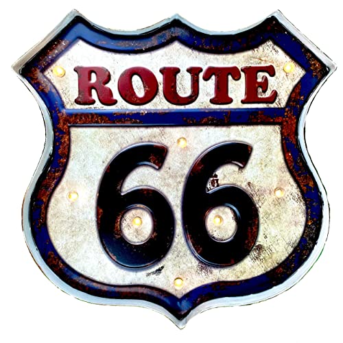 DiiliHiiri Route 66 Cartel Vintage – Ruta 66 Letrero Luminoso Metálico con LED Decoración Hogar Retro para Pared | 42x42x5 cm