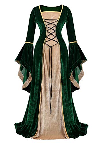 Disfraces Mujer Medieval renacentista Vestido Terciopelo Manga Corta Vintage Victoriano gotico con Manga Larga de Llamarada Verde S
