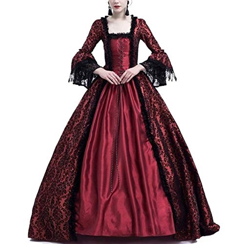 Disfraz Medieval para Mujer Vestido Retro Manga Larga Renacentista Cosplay Vino Rojo XXL