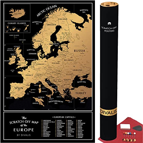 Divalis Rascar Mapa de Europa - Mapa de Viajes Europa - Mapa de Viaje Europa - Mapa Rascable de Europa - Scratch off Europe Map Poster - Large Scratchable Travel European Map of Countries Visited